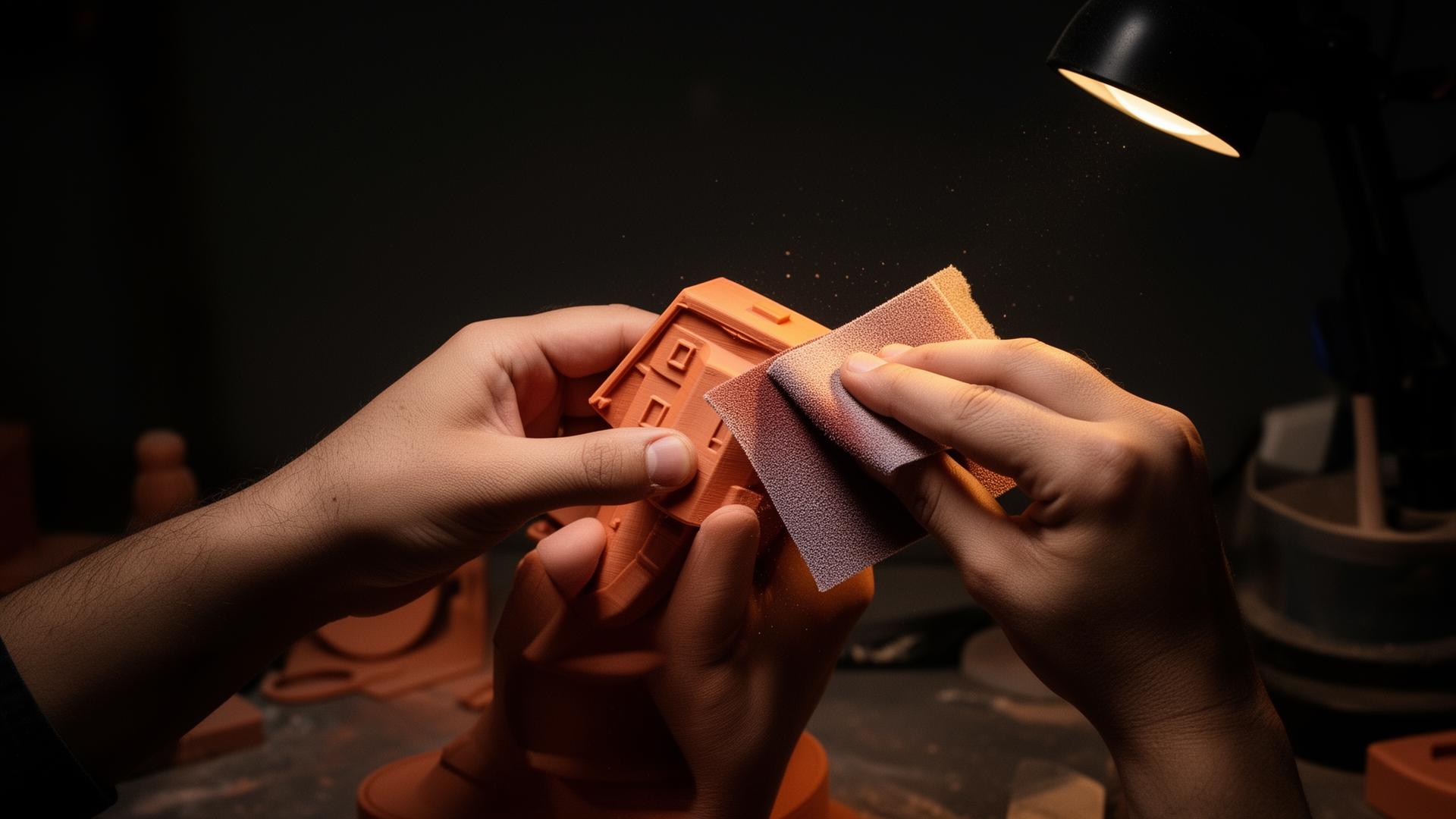 Hands sanding a freshly 3D-printed terracotta object under warm task lighting in a dark studio